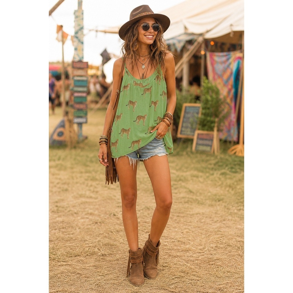 Boho Festival Fairycore La La Land Green Cheetah Semi Sheer Flowy Tank M Top